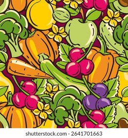 Seamless Pattern of Colorful Fruits and Vegetables