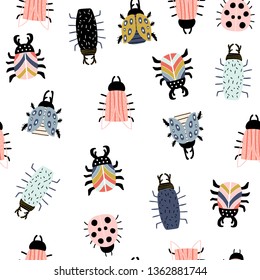 Seamless pattern with colorful funny bugs scandinavian style. Modern insectsr texture .Vector modern background