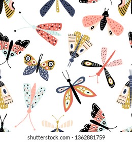 Seamless pattern with colorful funny bugs, butterflies, moths scandinavian style. Modern insects texture .Vector modern background