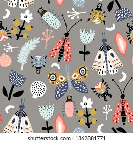 Seamless pattern with colorful funny bugs, butterflies, moths and floral elements in scandinavian style. Modern insects texture .Vector modern background