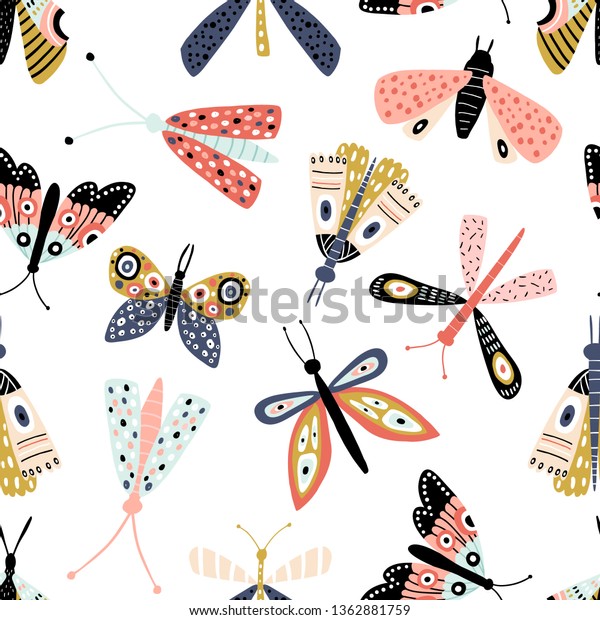 Seamless pattern with colorful funny bugs, butterflies, moths scandinavian style. Modern insects texture .Vector modern background