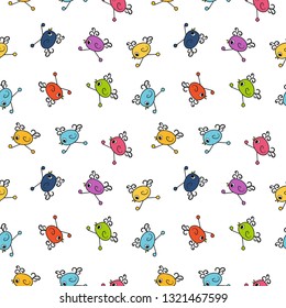 Seamless pattern with colorful funny cartoon birds. Bright and vibrant design. White background. Vector