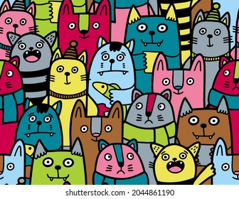 Seamless pattern with colorful funny cats and kittens. Vector endless illustration with pets and wild animals.