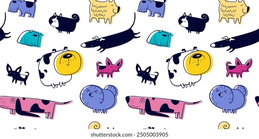 Seamless pattern with colorful funny dogs of different breeds: dachshund, spitz, bulldog, basset, lapdog. Vector hand drawn illustration.