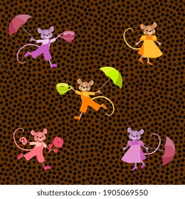 Seamless pattern with colorful funny mice on dark floral background. Tapestry for baby, carpet, print for fabric.