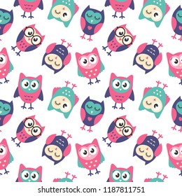 Seamless pattern with colorful funny owls