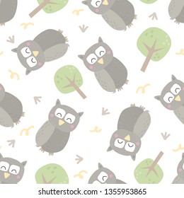 Seamless pattern with colorful funny owls. Funny owl vector illustration.