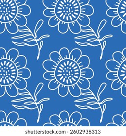 Seamless pattern with colorful funny patterns of leaves and flowers. A pattern with cute botanical designs.