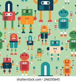 Seamless pattern with colorful funny robots.