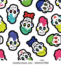Seamless pattern with colorful funny skulls. Halloween background. pattern with sugar skulls. Vector illustration