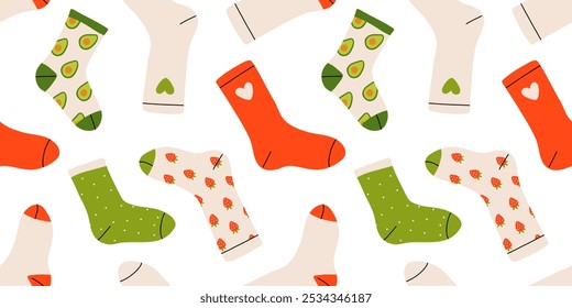 Seamless pattern of colorful and funny socks. Variety of funny socks with different textures isolated on white background. fashion collection trendy clothes. Colorful pastel cute socks.