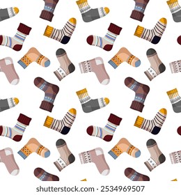 Seamless pattern of colorful funny socks. Warm cozy knitted socks with different patterns and ornaments. Pattern of winter and autumn socks on a white background.