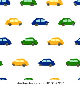 Seamless pattern with colorful funny vintage cars isolated on white background. Drawn baby boys style cute print. Simple cartoons kids auto ornament, vector flat design eps 10