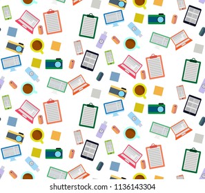 seamless pattern with colorful gadgets on white background. Vector illustration