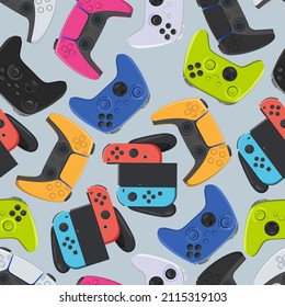 Seamless pattern with colorful gamepads. Vector pattern with wireless joysticks.