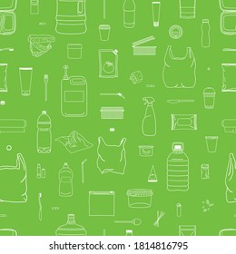 Seamless pattern of colorful garbage. Bottle, tube, brush, straw, container, machine, fork, coffee cup. Line icons. Sorting garbage. Recycle concept. Cartoon hand drawn vector illustration.