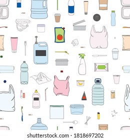 Seamless pattern of colorful garbage. Bottle, tube, brush, straw, container, machine, fork, coffee cup. Waste management. Sorting garbage. Recycle concept. Cartoon hand drawn vector illustration.