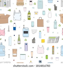 Seamless pattern of colorful garbage. Organic, metal, plastic, paper, glass, e-waste, mixed trash. Waste management. Sorting garbage. Recycle concept. Cartoon hand drawn vector illustration.