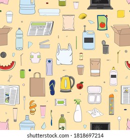 Seamless pattern of colorful garbage. Organic, metal, plastic, paper, glass, e-waste, mixed trash. Waste management. Sorting garbage. Recycle concept. Cartoon hand drawn vector illustration.