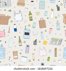 Seamless pattern of colorful garbage. Organic, metal, plastic, paper, glass, e-waste, mixed trash. Waste management. Sorting garbage. Recycle concept. Cartoon hand drawn vector illustration.