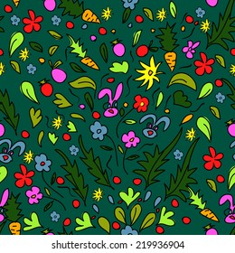 seamless pattern colorful garden with rabbits and carrots, illustration, cute background, color doodle background. Hand draw.