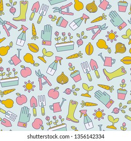 seamless pattern with colorful gardening design elements on blue background