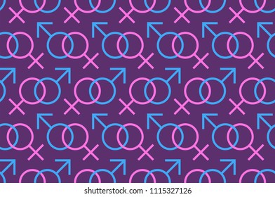 Seamless Pattern of Colorful Gender Icons, Men and women gender signs. isolated on purple background