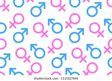 Seamless Pattern of Colorful Gender Icons, Men and women gender signs. isolated on white background 