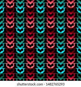 Seamless pattern with colorful geometric elements on a black background.