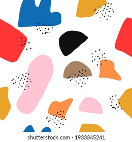 Seamless pattern of colorful geometric shapes and doodles on isolated background. 