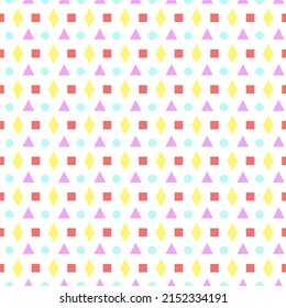 Seamless pattern with colorful geometric shapes. Rhombus, triangle, square and circle. Vector illustration isolated on white background. For packaging, covers and brochures, holidays, baby products
