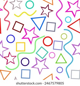 Seamless pattern of colorful geometric shapes - triangles, circles, stars, lines, rectangles.
