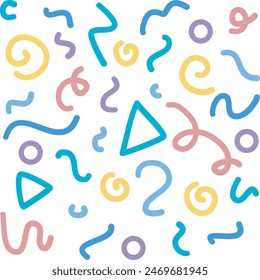 Seamless pattern of colorful geometric shapes on a white background.doodle seamless pattern.