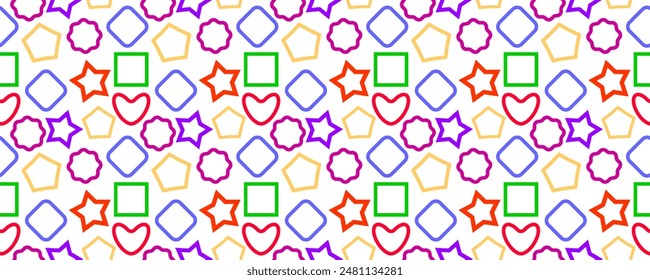 Seamless pattern with colorful geometric shapes. Star, rhombus, square, heart on white background. For fabric design, cover, website. Vector illustration 