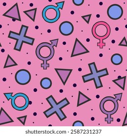 Seamless pattern of colorful geometric shapes and gender symbols on pink background, celebrating diversity.