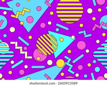 Seamless pattern with colorful geometric shapes with a black outline. Geometric pattern with Memphis elements in 80s style. Design of wallpaper, wrapping paper, and printing. Vector illustration
