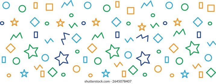 Seamless pattern of colorful geometric shapes including stars, circles, squares, and zigzags in playful lines. Ideal for backgrounds, kids' designs, education graphics, and fun packaging.