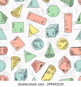 Seamless pattern of Colorful geometric shapes. Basic Geometric Shapes. Hand Drawn Doodles illustration