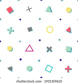 Seamless pattern of colorful geometric square triangle cross circle pattern games icons on white background.