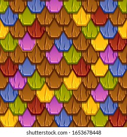 Seamless pattern of colorful geometric tiled roofs. Textural background of an old multi-colored roof.