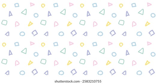 Seamless pattern with colorful  geometric Triangle, square and circle with hand drawn ,Fabric cute pattern for kids on white  background.Vector illustration.