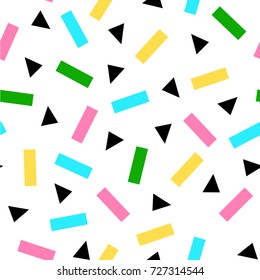 Seamless pattern with colorful geometrical figures on white background. Memphis style