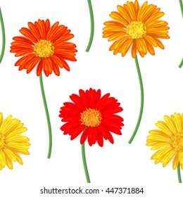 Seamless pattern with colorful gerbera flowers. Vector illustration. Yellow orange.