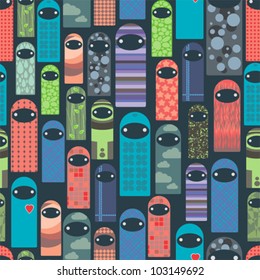 Seamless pattern with colorful ghosts. Vector background illustration.