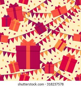 Seamless pattern with colorful gift box, triangular party flags and confetti. Retro vector background