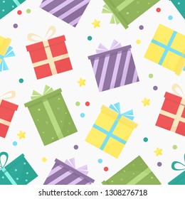 Seamless pattern with colorful gift boxes, confetti and stars. Illustration in flat style isolated on white background