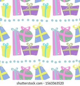 Seamless pattern of colorful gift boxes. Cute boxes in cartoon style. A set of bright gifts. EPS10
