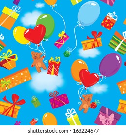 Seamless pattern with colorful gift boxes, presents, balloons and teddy bears on sky blue background with clouds.