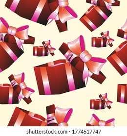 Patrón inmaculado de cajas de regalo coloridas. Feliz cumpleaños Feliz Navidad. Regalos con arcos. Ilustración vectorial.