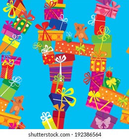 Seamless pattern with colorful gift boxes, presents and teddy bears on blue background. Ready to use as swatch